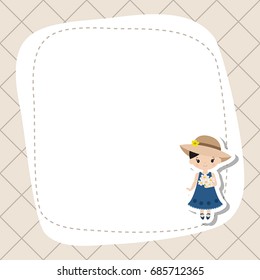Greeting card with cute farmer girl. Vector background.