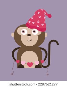Greeting card with a cute flat design Monkey with Decoration Heart Love and Hat	