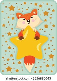 Greeting card with cute fox flying holding a big star