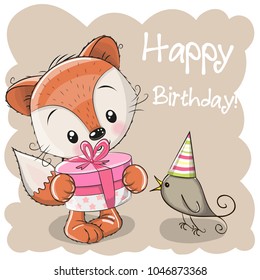 Greeting card cute Fox with gift and a bird on a beige background