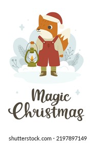 Greeting card with cute fox with kerosene lamp. Christmas card with animal and calligraphy lettering.