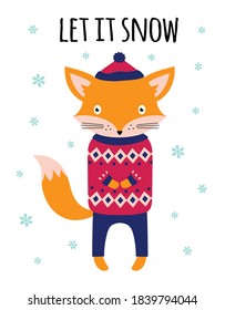 greeting card with cute fox in sweater and hat isolated on white, lettering let is snow, winter background