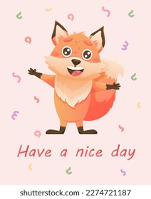 Greeting card and cute fox  Vector fox character set  Have nice day  Animal wildlife holidays cartoon