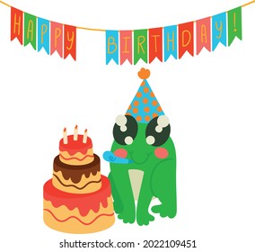 Greeting card with cute frog in a birthday cap and cake with candles. Vector illustration isolated on white background.