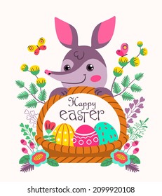 Greeting card with a cute and funny bilby (bandicoot) and a basket of Easter eggs. Flat vector isolated on white background. 