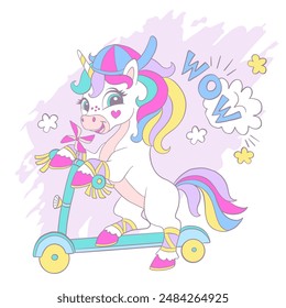 Greeting card with cute funny unicorn on a scooter and lettering Wow. Vector illustration in trendy pastel colors. Birthday concept. For print, poster, cards, t shirt, stickers, clothes design