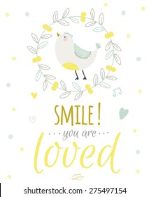 Greeting card with cute and funny vector illustration. Inspirational and motivational quotes posters. Good for happy birthday greetings and other holidays. Children's subjects.