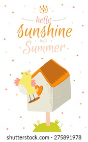  Greeting card with cute and funny vector Summer illustration. Inspirational and motivational quotes poster. Good for happy birthday greetings and other holidays. Children's subjects. Hello sunshine