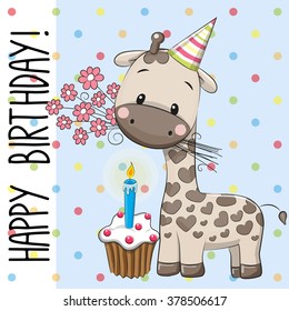 Greeting card cute Giraffe with flowers and a cake