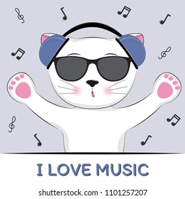 Greeting card cute girl kitty wearing headphones and listening to music. Sweet kids graphics for t-shirts.