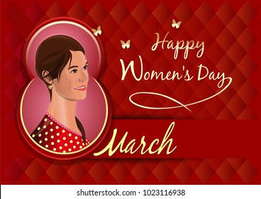 Greeting card with cute girl for Womens Day. 8 March. Happy Womens Day. Vector illustration