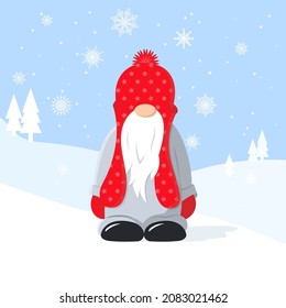 Greeting card with a cute gnome on winter background with snowflakes. Vector
