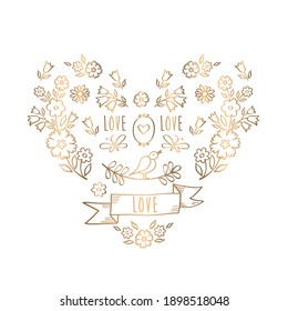 Greeting card with cute gold heart for Valentine's Day, birthday, Mother's Day, March 8, wedding. Just for you. Vector illustration.