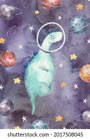 greeting card with cute green dinosaur astronaut, planets, stars, cute watercolor illustration