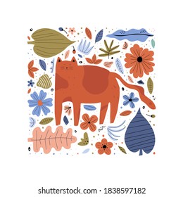 Greeting card with cute hand drawn cats, flowers and leaves. Childish texture for fabric, textile, apparel. Flat vector illustration