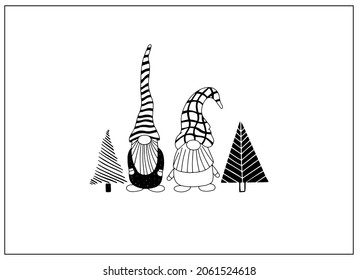 Greeting card with cute hand drawn gnomes and Christmas trees. Vector print in Scandinavian style