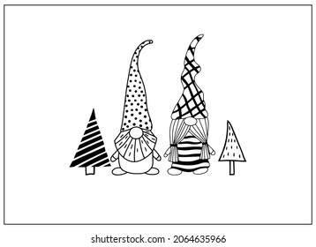 Greeting card with cute hand drawn gnomes and Christmas trees. Vector print in Scandinavian style