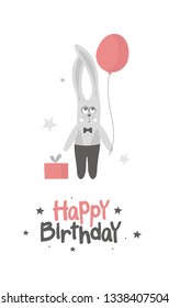 Greeting card. Cute hare (rabbit ) with a balloon. Happy Birthday 