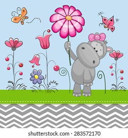 Greeting card Cute Hippo with a flower on a meadow
