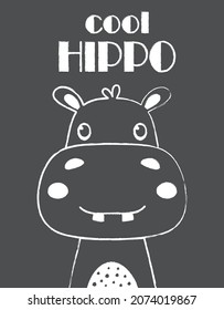 tarjeta de saludo de hipo lindo y letterinf en contorno aislado en fondo negro, animal de dibujos animados, simple ilustración vectorial para cualquier diseño