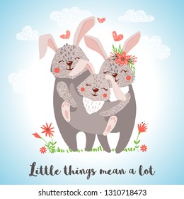 Greeting card with cute hugging rabbits family in hand drawn style. Baby, mother and father together. Nursery concept. Vector illustration.
