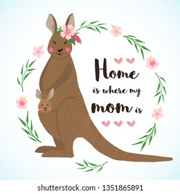 Greeting card with cute kangaroo with its baby in hand drawn style. Australian animal. Design element for poster, banner, t-shirt print and other. Vector illustration.