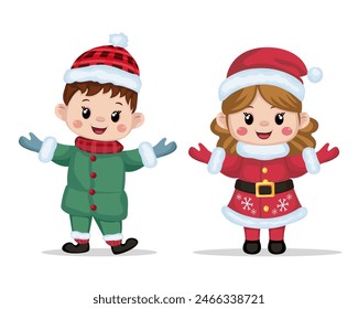 Greeting card with cute kids in Christmas costumes Holiday characters in winter season. Christmas, New Year. Vector, Isolated.