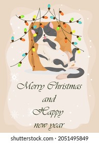 Greeting card with a cute kitten for Christmas and New Year. Congratulations on the holidays. Winter vector illustration isolated on white background.