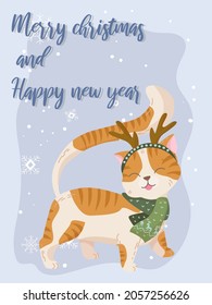 Greeting card with a cute kitten for Christmas and New Year. Congratulations on the holidays. Winter vector illustration isolated on white background.