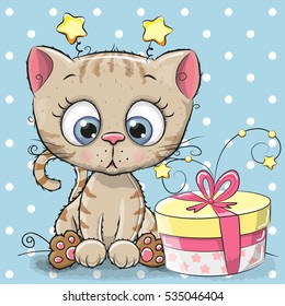 Greeting card cute Kitten with gift on a blue background