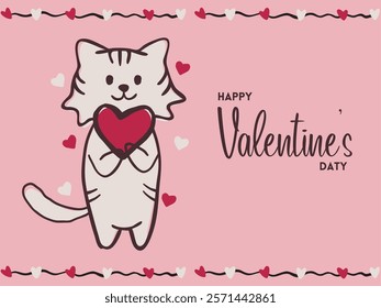 Greeting card with a cute kitten holding red heart. vector.