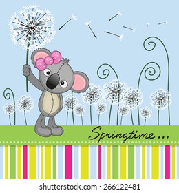 Greeting card Cute Koala with dandelion on a meadow 