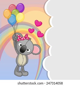 Greeting card Cute Koala is flying on balloons 