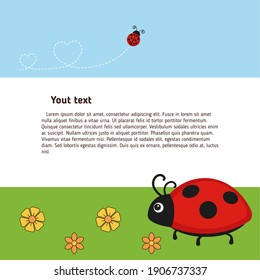 Greeting card with cute ladybug characters. Vector background.