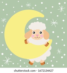 Greeting card of cute lamb hanging on moon in sky

