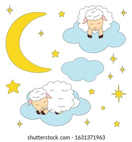 Greeting card cute lambs sleeping vector illustration moon stars clouds
