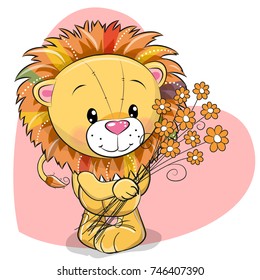 Greeting card cute Lion with flowers on a heart background