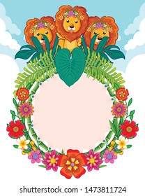 greeting card of cute lions and flowers