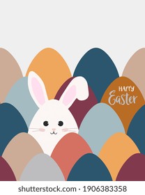 Greeting card with cute little bunny and Easter eggs. Character in cartoon style. Happy Easter!