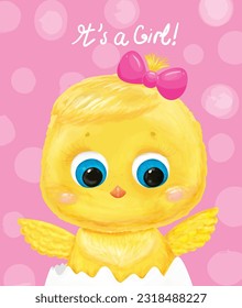 Greeting Card with a Cute little chick. Cartoon newborn baby girl. It’s a girl. Chicken character in a watercolour style. Vector illustration.