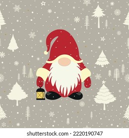 Greeting card with cute little Christmas gnome in red Santa hats