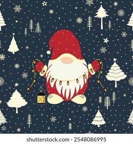 Greeting card with cute little Christmas gnome in red Santa hat on blue background