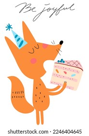 Greeting card with cute little fox, cake and hand drawn lettering Happy birthday. Tasty dessert. Vector illustration for kids design. 