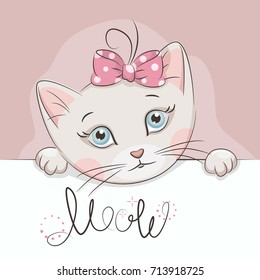 Greeting card with cute little kitten with ribbon bow. Meow. Hand drawing