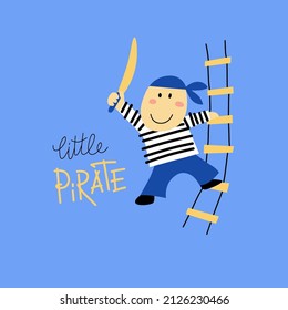 Greeting card with cute little pirate. Vector illustration in cartoon style. Isolated decor element for kids design. Vector EPS clip art.