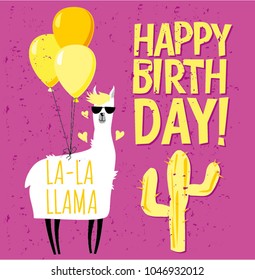 Greeting card with cute llama, balloons and cactus. Vector illustratin