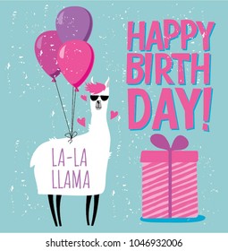 Greeting card with cute llama in sunglasses, balloons and gift box . Vector illustratin