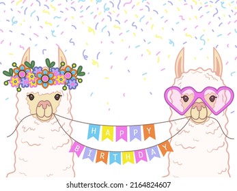 Greeting card with cute llamas and confetti. Garland with flags with the inscription Happy Birthday. Vector illustration