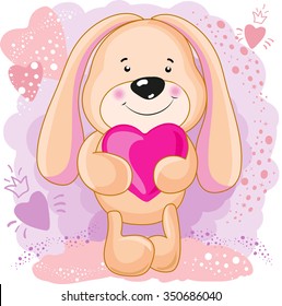Greeting card. Cute lovely bunny with hearts. Heart background.