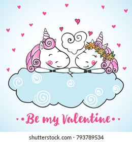 Greeting card with Cute magic Unicorns falling in love. Valentine's postcard. Love concept. Vector illustration.